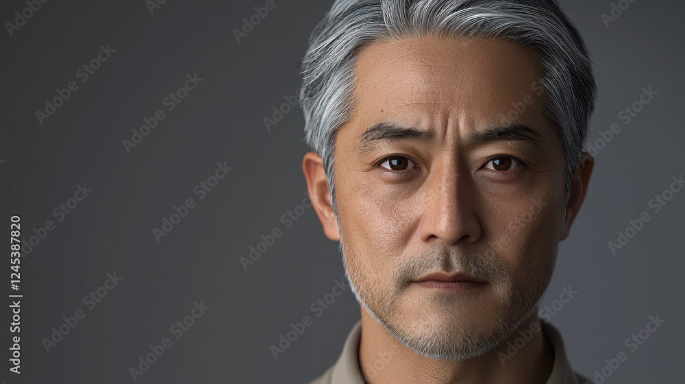 Fototapeta premium An adult male Japanese man with gray hair and light skin, generative AI
