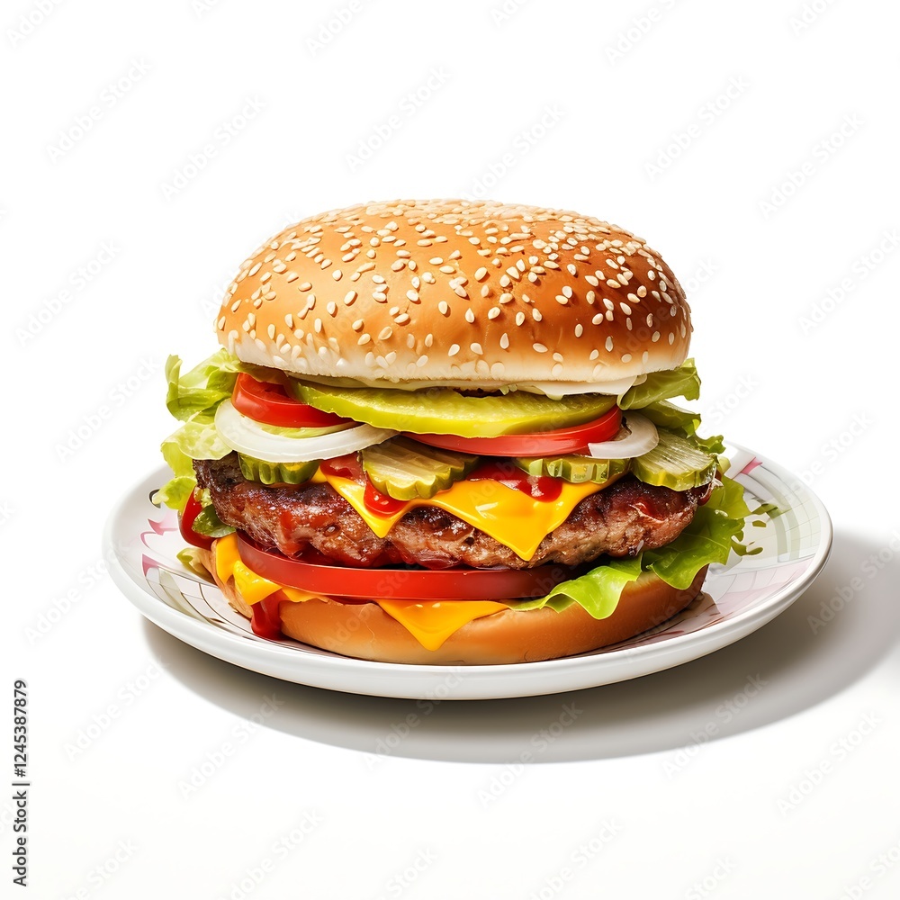 Hamburger on a plate on white background. Hamburger on a plate on white background.