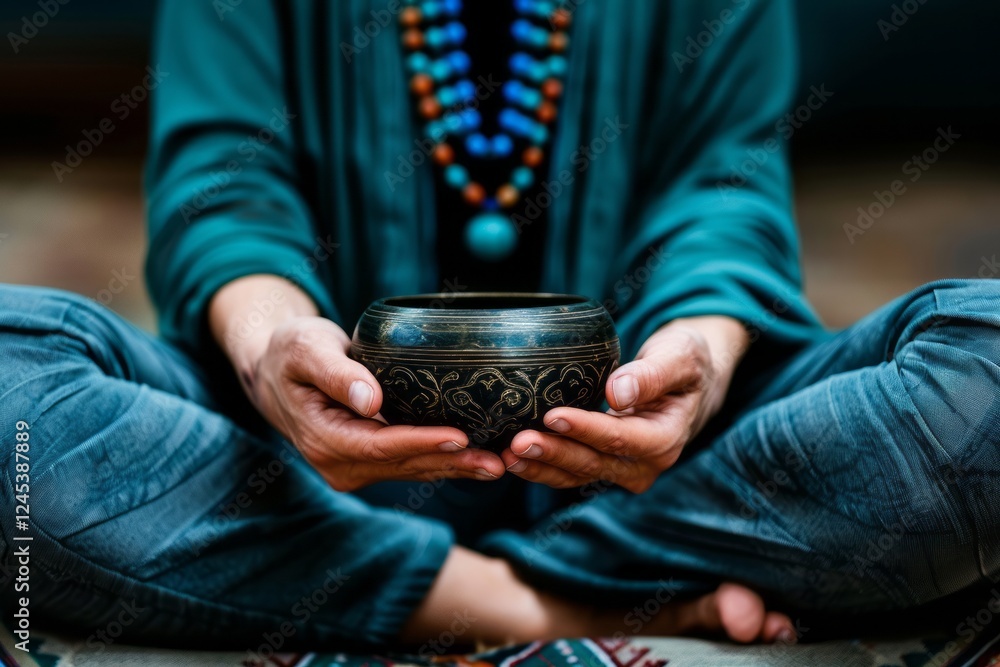 Finding Inner Peace: A serene woman in a contemplative pose holds a traditional singing bowl, radiating tranquility and connection to spiritual practices. Finding Inner Peace: A serene woman in a contemplative pose holds a traditional singing bowl, radiating tranquility and connection to spiritual practices.