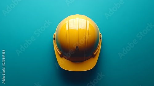 A shiny, pristine yellow helmet for workers, centered on a muted sky blue background  photo