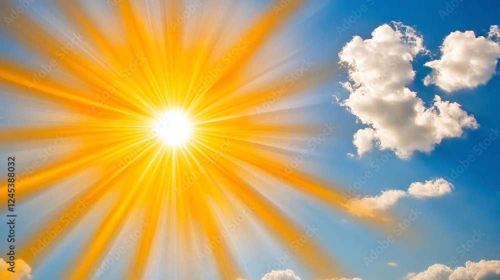 Bright Sun and Fluffy Clouds in Clear Blue Sky with Radiant Light Bright Sun and Fluffy Clouds in Clear Blue Sky with Radiant Light