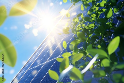 Solar panels with green leaves under bright sunlight
