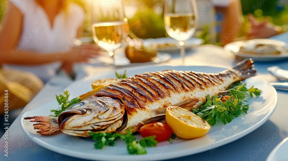 Grilled Whole Fish with Lemon and Herbs on Elegant Dining Table Grilled Whole Fish with Lemon and Herbs on Elegant Dining Table