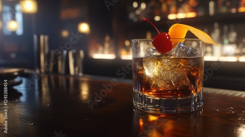 Old Fashioned cocktail on bar, dark moody background, nightlife photo