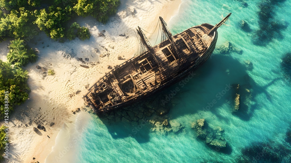 Abandoned pirate ship near shore, weathered vessel surrounded by clear turquoise waters, tropical island scenery, adventurous theme. Abandoned pirate ship near shore, weathered vessel surrounded by clear turquoise waters, tropical island scenery, adventurous theme.