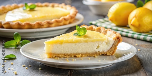 Lemon pie with a crumbly crust and tangy lemon filling, lemons pie slice plate table top, dessert plate