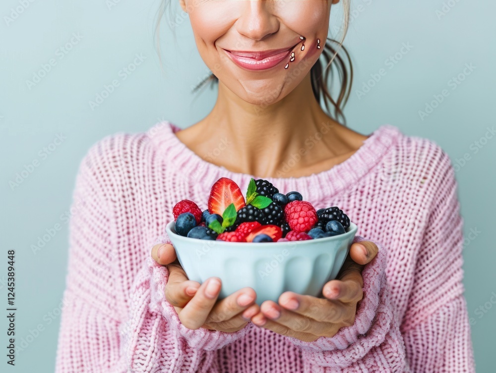 Berry Delight: A woman holds a bowl brimming with fresh, colorful berries, her smile reflecting the pure enjoyment of healthy eating. Berry Delight: A woman holds a bowl brimming with fresh, colorful berries, her smile reflecting the pure enjoyment of healthy eating.