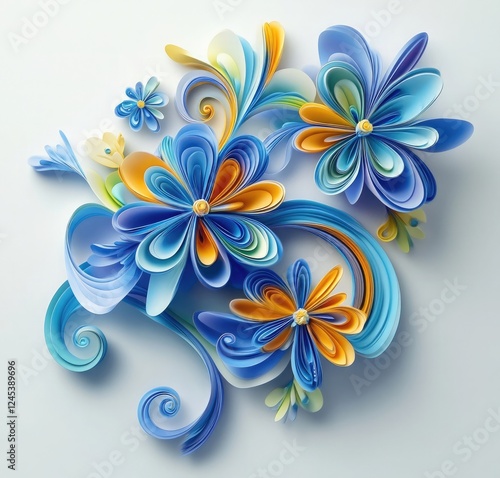 3D render of colorful blue and yellow flowers, with swirls and spirals