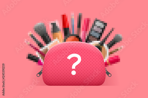 Cosmetic bag with blurred makeup products, and question mark
