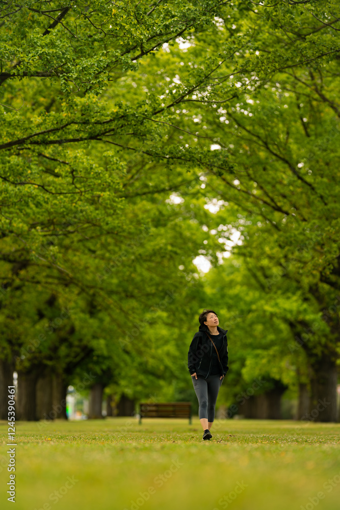 Obraz premium Front view of a woman admiring the beauty of Elms trees on a sunny day in Camperdown, Victoria, Australia