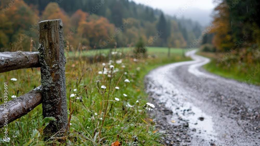 Winding road, autumn forest, rain, countryside Winding road, autumn forest, rain, countryside