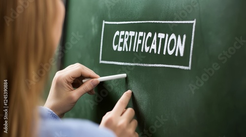 Female hand writing certification on chalkboard with chalk close view photo