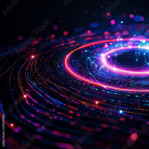 Abstract Cosmic Dance: A mesmerizing abstract design, featuring a glowing neon ring and intricate web of connecting lights, evoking a sense of cosmic movement and boundless energy.