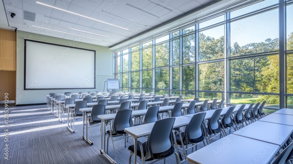 Fototapeta premium Modern Classroom with Large Windows and Scenic View