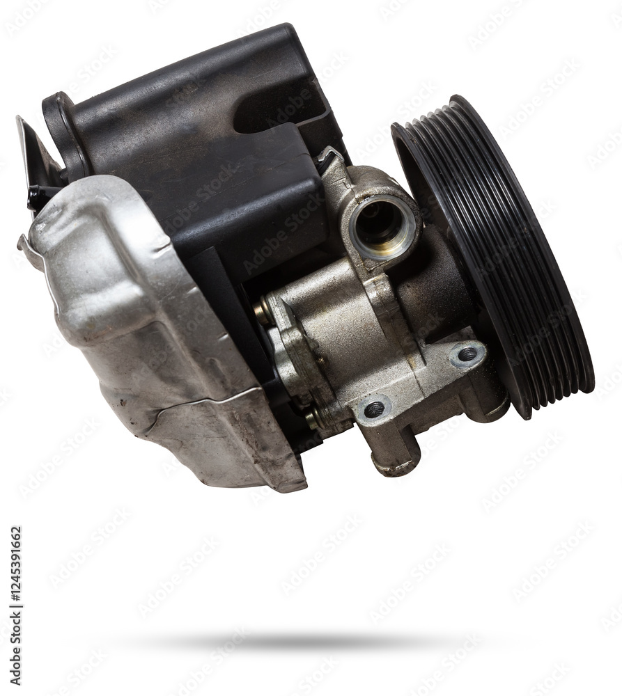 Vane pump or hydraulic power steering pump on a white background engine parts. Spare parts auto catalog. Vane pump or hydraulic power steering pump on a white background engine parts. Spare parts auto catalog.