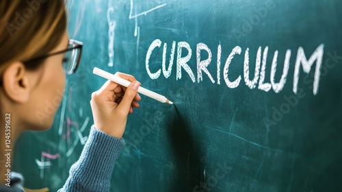 Female educator writing curriculum on chalkboard in classroom