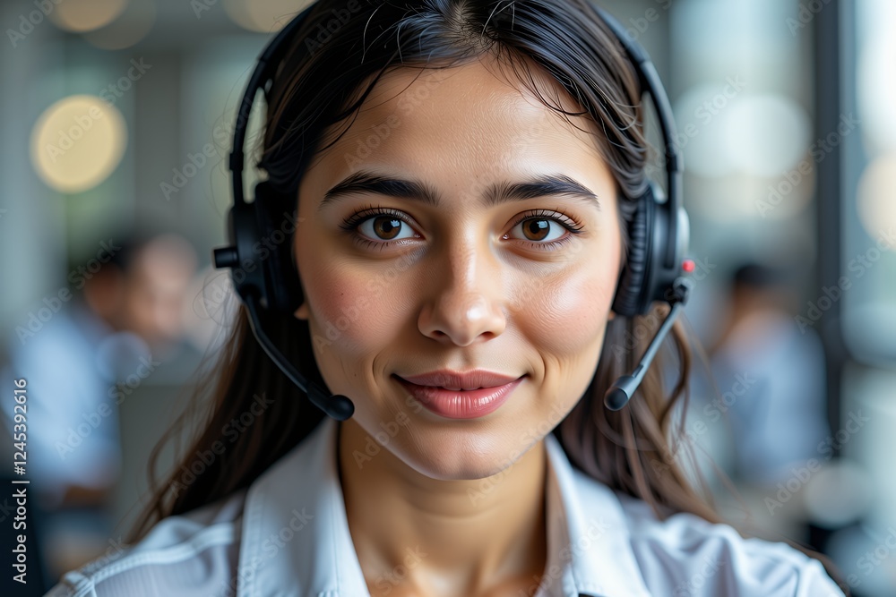 Confident Female Customer Service Representative Wearing Headset in Office Confident Female Customer Service Representative Wearing Headset in Office