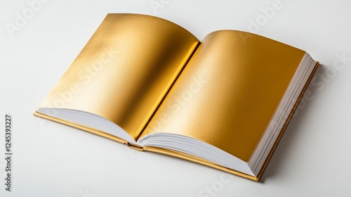 Open golden book with blank pages on a minimalistic background