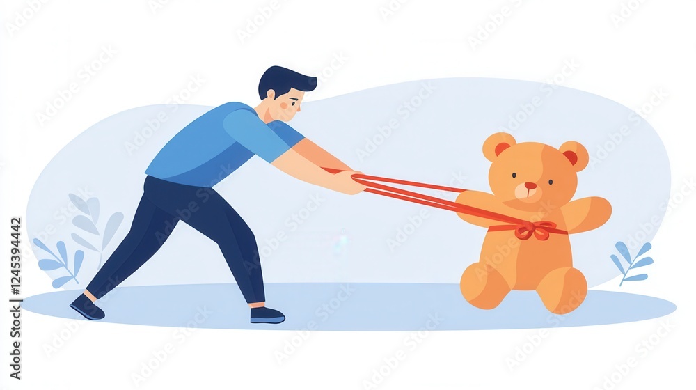 Obraz premium Person Pulling a Stuffed Animal with a Red Rope on a Light Blue Background
