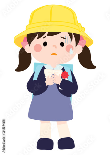 入学前に不安や悩みを抱く新入生のベクターイラスト（女の子）
