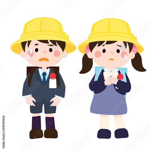 入学前に不安や悩みを抱く新入生のベクターイラスト（男女）