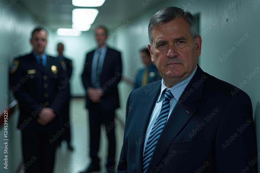 A Serious-Looking Middle-Aged Man in a Suit Observes an Official Gathering in a Dimly Lit Hallway Surrounded by Uniformed Officers and Well-Dressed Individuals A Serious-Looking Middle-Aged Man in a Suit Observes an Official Gathering in a Dimly Lit Hallway Surrounded by Uniformed Officers and Well-Dressed Individuals