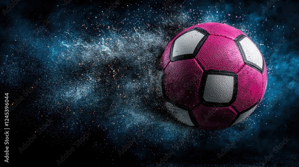 Fototapeta premium Glowing Soccer Ball Soaring Through Cosmic Atmosphere with Swirling Stardust and Galactic Backdrop