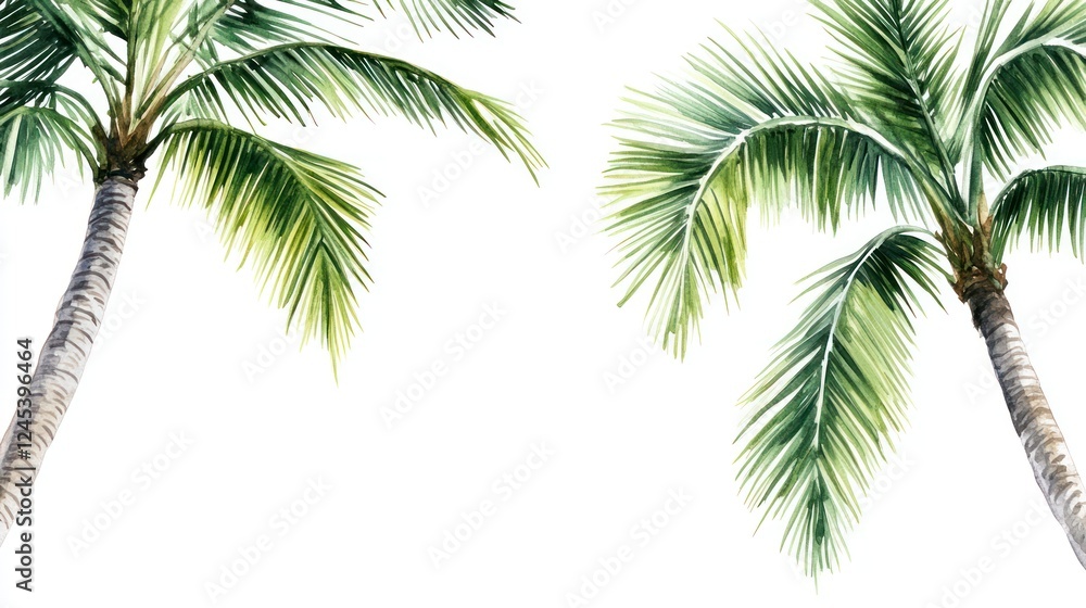 Fototapeta premium Tropical palm trees, sunny sky background, vacation postcard