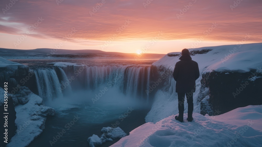 Man watching sunset over icy waterfall Man watching sunset over icy waterfall