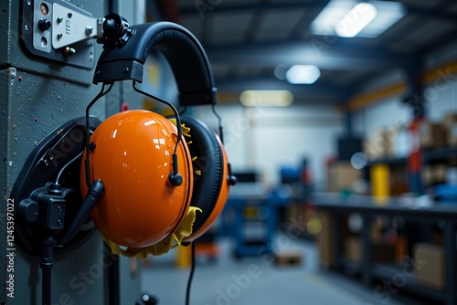 Industrial Orange Safety Headphones Hanging in Factory Setting