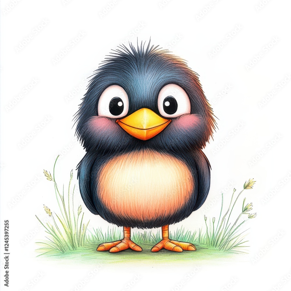 Fototapeta premium Adorable Cartoon Baby Bird in Grass Dark Blue Fluffy Feathers, Orange Beak, Pink Cheeks