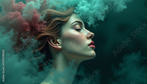 Tranquil woman in profile surrounded by colorful smoke in teal and burgundy hues

