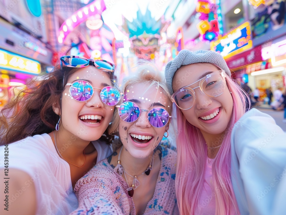 Obraz premium Joyful Asian Women in Tokyo: Three stylish young Asian women, vibrant and smiling, take a selfie against a backdrop of Tokyo's dazzling neon lights and festive decorations. Their fun.