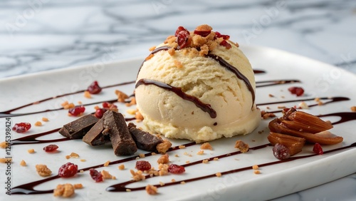 Decadent Vanilla Ice Cream: Indulge your sweet tooth with this tempting dessert, featuring a creamy vanilla ice cream scoop drizzled with rich chocolate sauce and topped with crunchy toppings.  