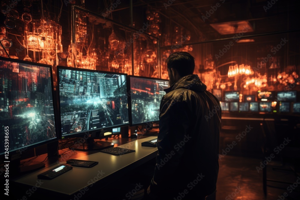 A security professional monitoring a network of surveillance cameras A security professional monitoring a network of surveillance cameras
