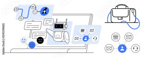 Robot chatbot interacting with users, answering queries on a laptop business briefcase with icons. Ideal for customer support, AI technology, online assistance, digital communication, business