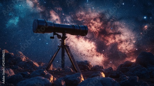 A lightweight telescope set against a vivid Milky Way, overlooking rolling mountain ranges photo