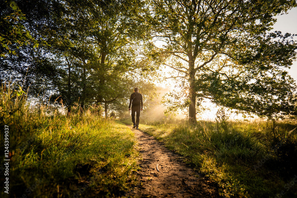 Man walking on dirt path in forest at sunrise Man walking on dirt path in forest at sunrise