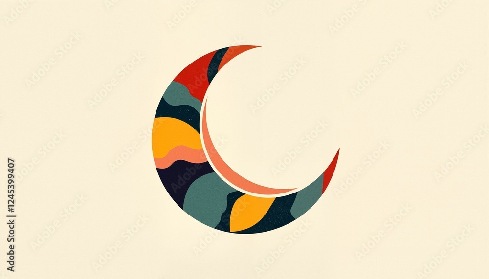 Abstract crescent moon with colorful patterns on beige background Abstract crescent moon with colorful patterns on beige background