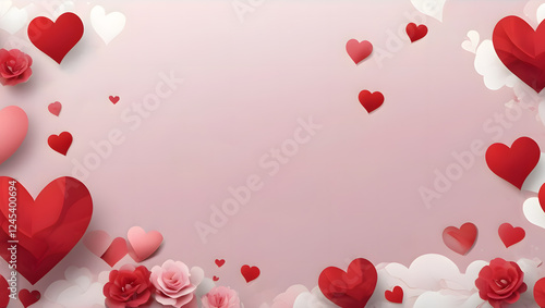 Valentine’s Day Elegant Heart – Red Ribbon Heart Shape on Background Romantic Heart Frame with Floral & Filigree