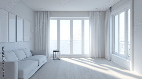 A spacious bathroom with a minimalist design, showcasing a large shower area and sleek vanity, Minimalist Architecture with Bold Geometric Patterns and Open  Architecture with Bold Geo