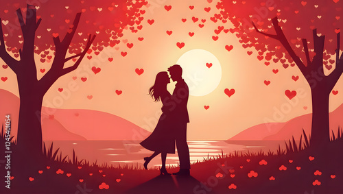 Valentine’s Day Elegant Heart – Red Ribbon Heart Shape on Background Romantic Heart Frame with Floral & Filigree