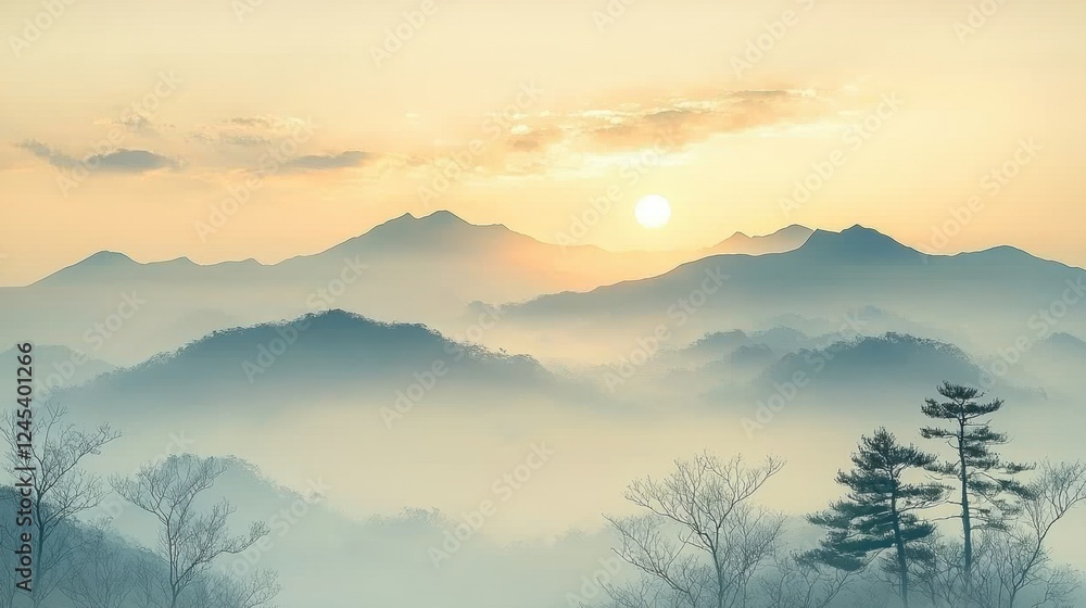 Naklejka premium Tranquil sunrise over misty mountain range with trees in foreground