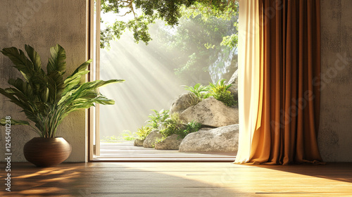 a minimal room with curtains and a potted plant  White wall and plant mockup