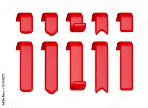 Vertical red ribbon bookmark set. Vector 3d banners or price tags isolated on white background. Icon label collection, design elements for sale promotion, realistic flag badges