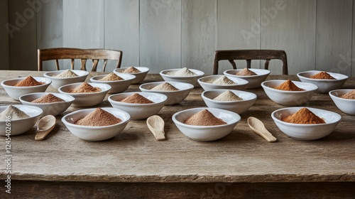 Variety of spices in ceramic bowls on wooden table with rustic spoons photo