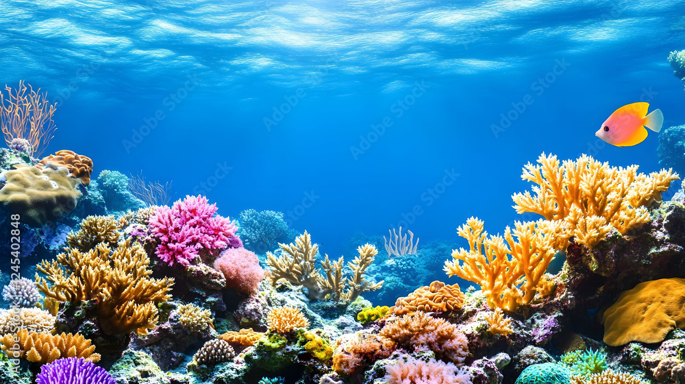 Fototapeta premium Vibrant Underwater Coral Reef Paradise: A Colorful Ocean Scene