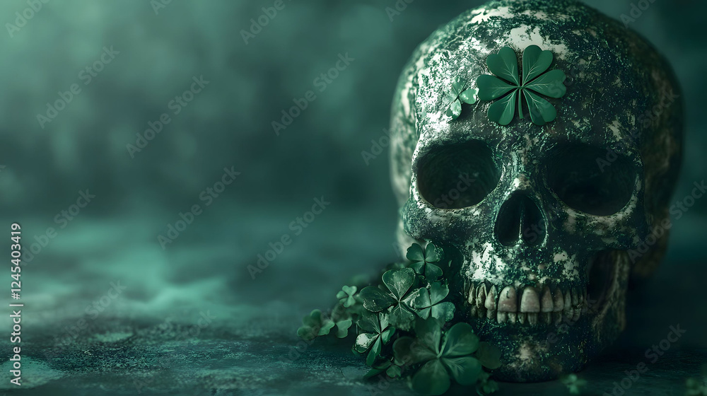 Mystic Skull with Shamrocks: A Darkly Enchanting St. Patrick's Day Still Life Mystic Skull with Shamrocks: A Darkly Enchanting St. Patrick's Day Still Life