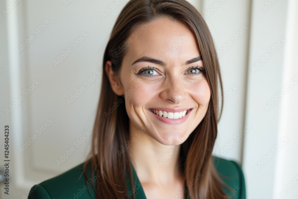 Portrait of a Smiling Young Woman with Long Brown Hair in a Professional Green Suit, Standing Against a Bright Background, Radiating Confidence and Positivity Portrait of a Smiling Young Woman with Long Brown Hair in a Professional Green Suit, Standing Against a Bright Background, Radiating Confidence and Positivity