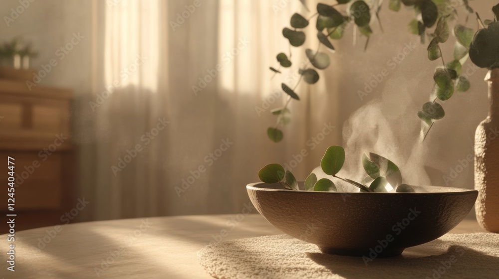 Close-up of a warm bowl with eucalyptus-infused water and rising steam, creating a tranquil spa atmosphere. Relaxation, wellness, and self-care concept. Close-up of a warm bowl with eucalyptus-infused water and rising steam, creating a tranquil spa atmosphere. Relaxation, wellness, and self-care concept.